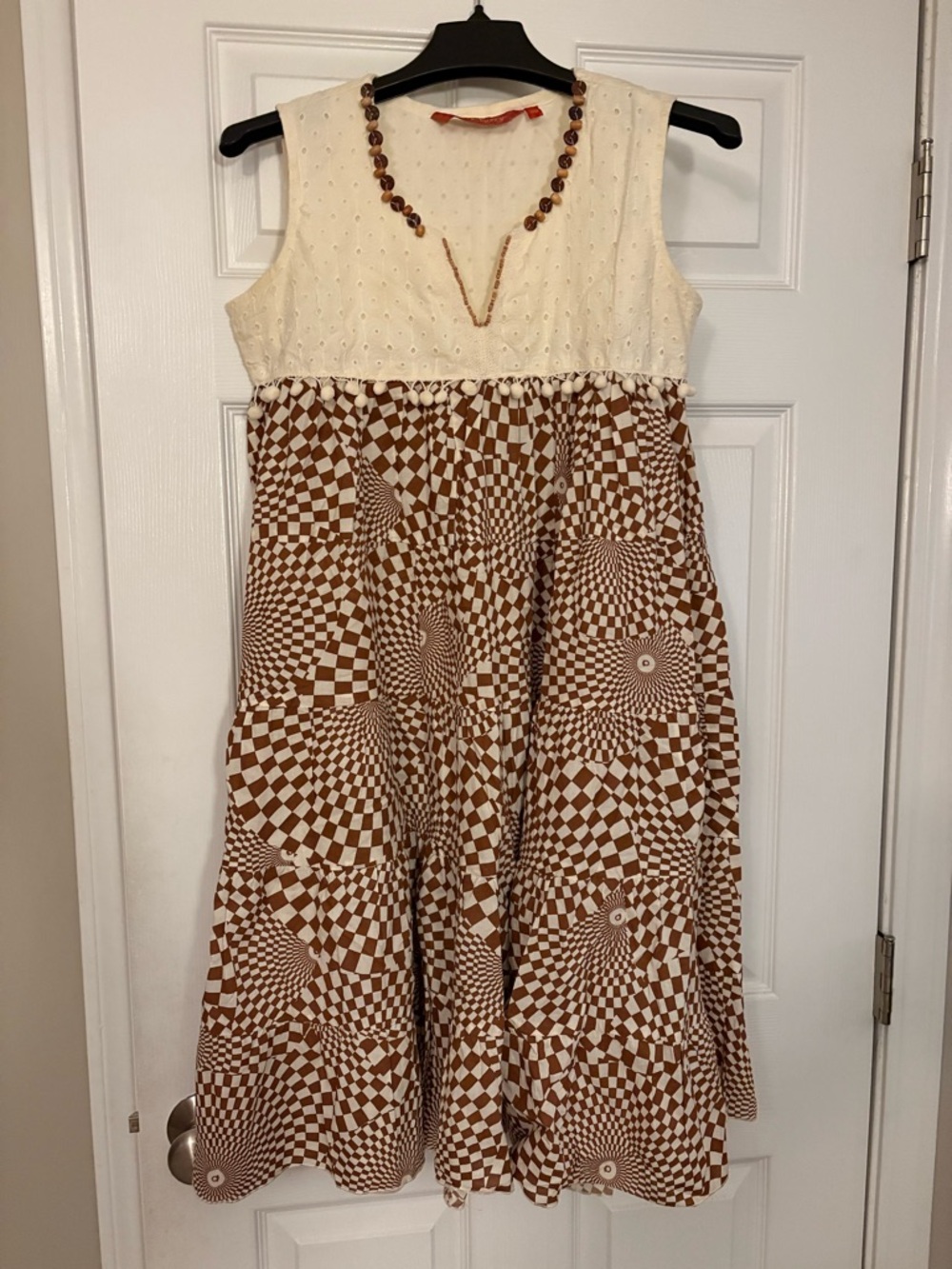 Cream and Brown Geometric Midi Dress with Cute Neckline